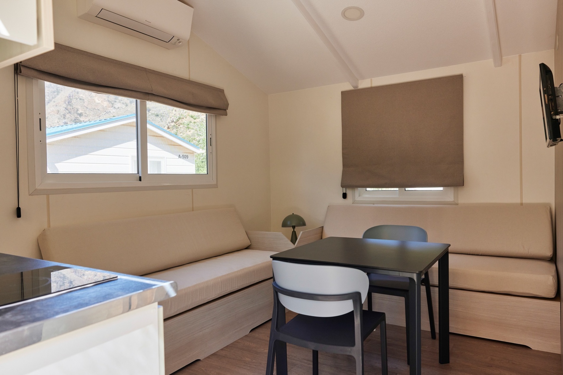 a living room with a couch and a small table