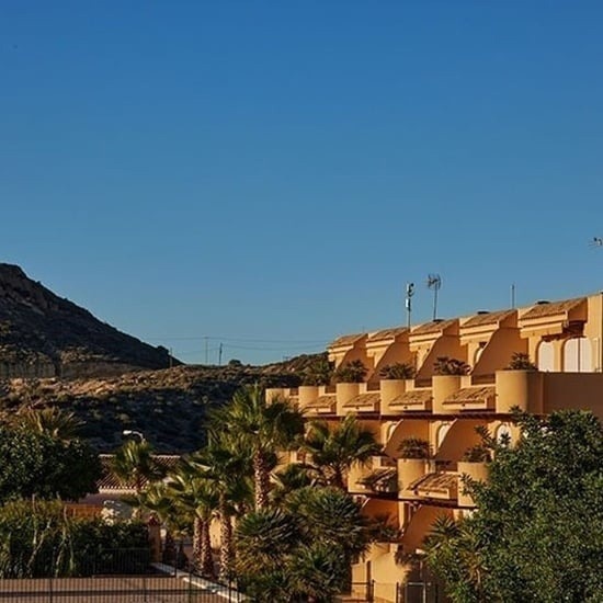 a row of apartment buildings with palm trees in front of them