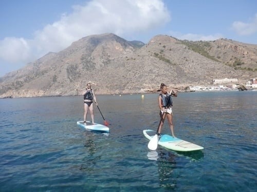 two people are riding paddle boards in the ocean .