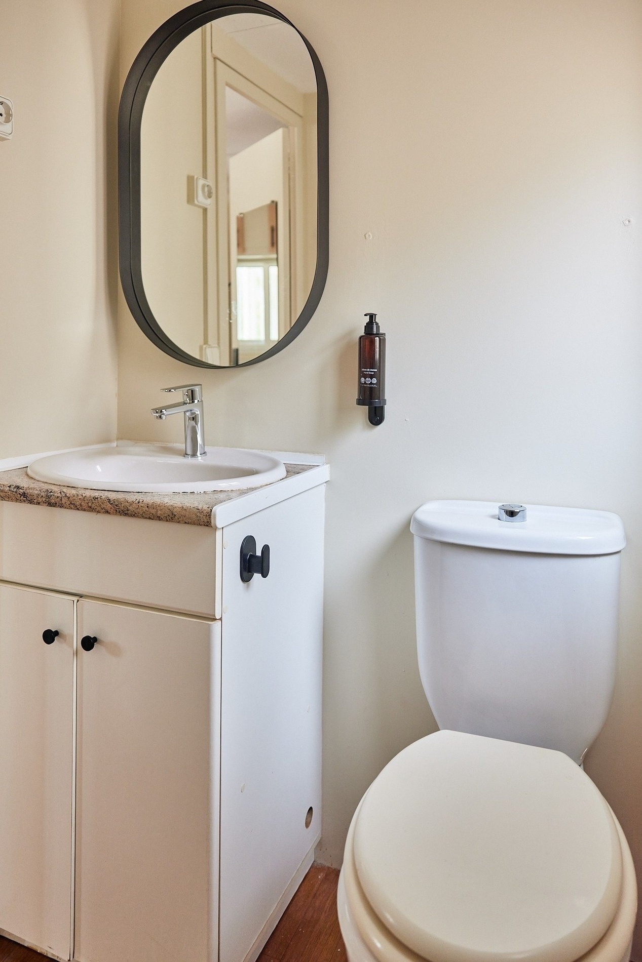 a bathroom with a toilet a sink and a mirror