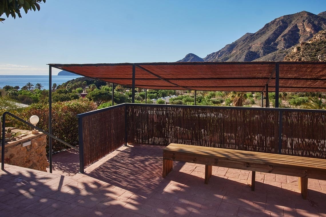 a wooden bench sits under a canopy overlooking the ocean