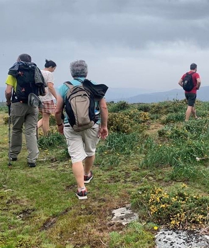 um grupo de pessoas está caminhando por um campo gramado