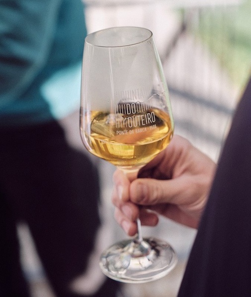 a pessoa está segurando um copo de vinho com a ponte da barcel ao fundo