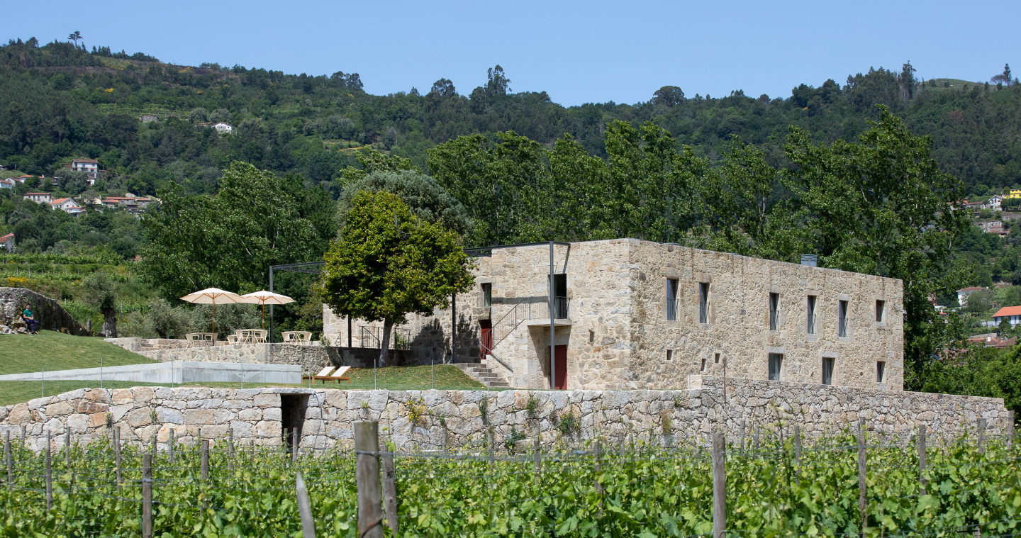 uma casa de pedra com uma piscina ao lado de um vinhedo
