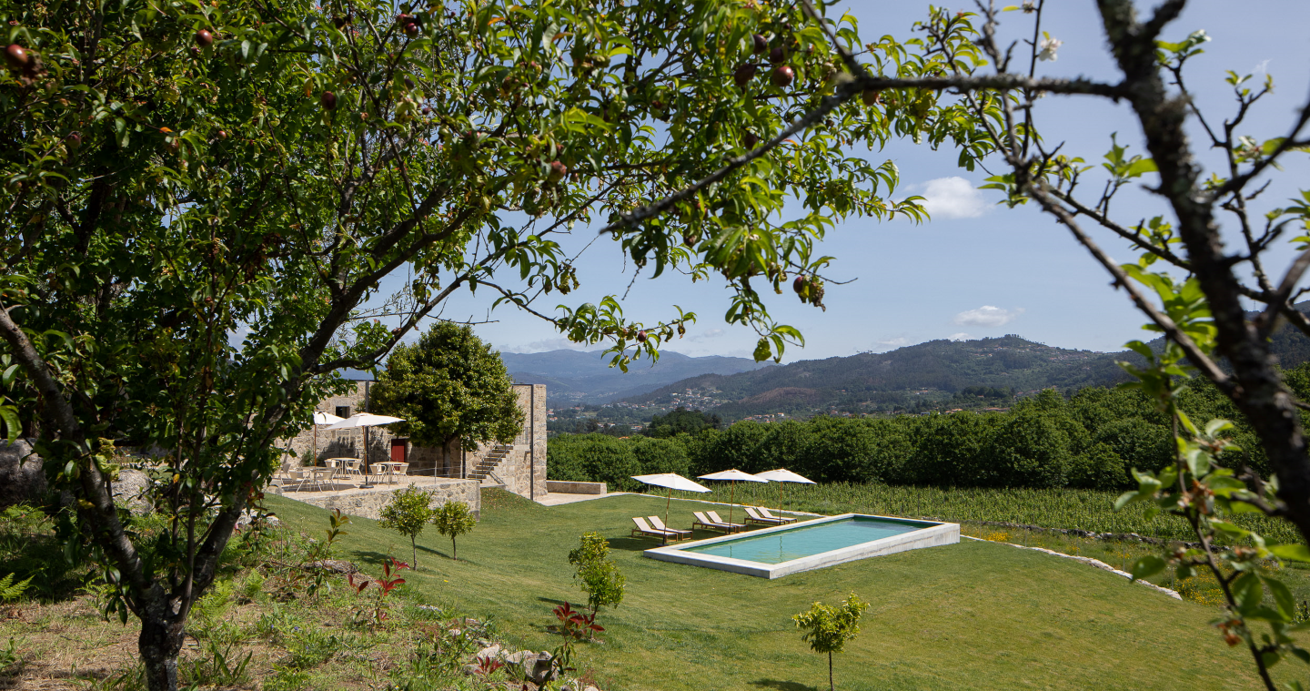 uma piscina cercada por árvores com vista para as montanhas
