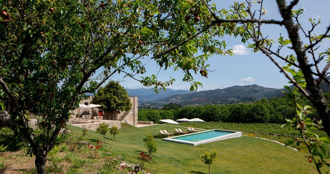 uma piscina cercada por árvores com vista para as montanhas