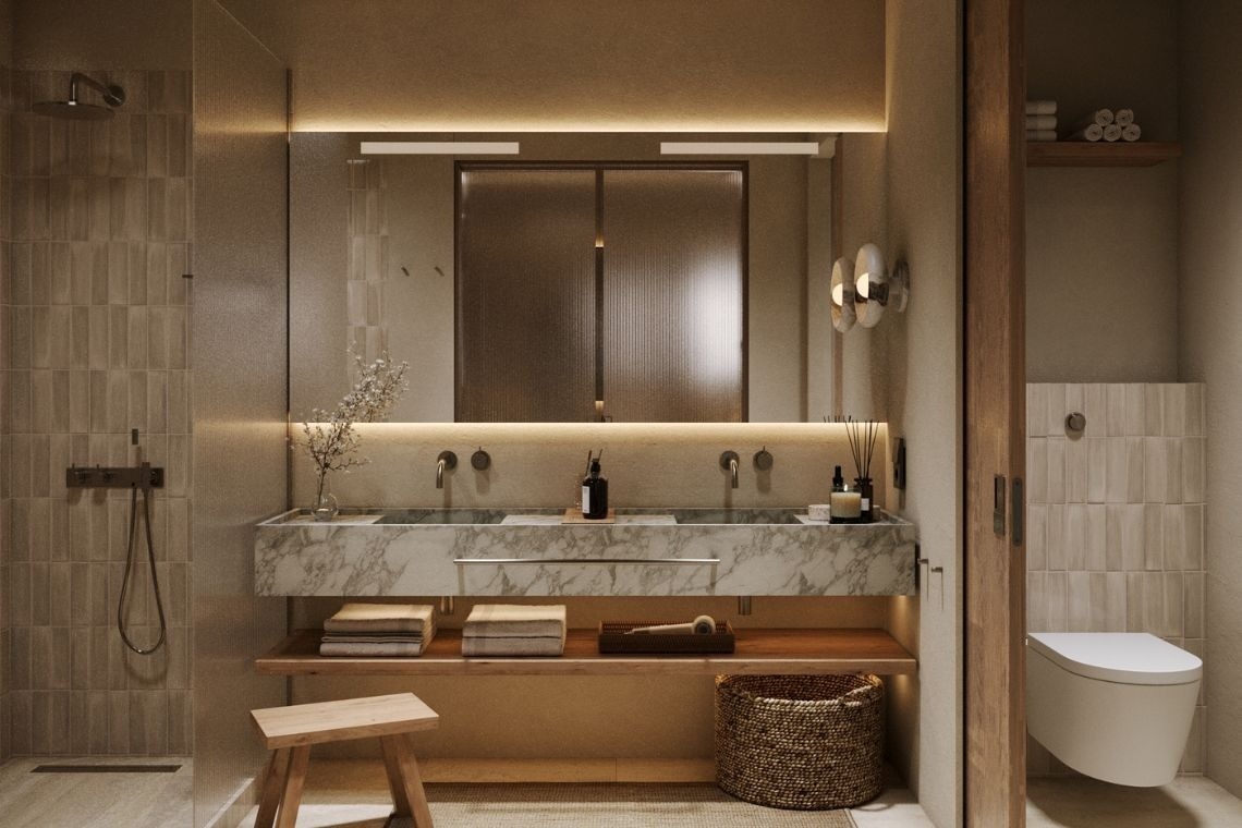 a bathroom with two sinks and a toilet