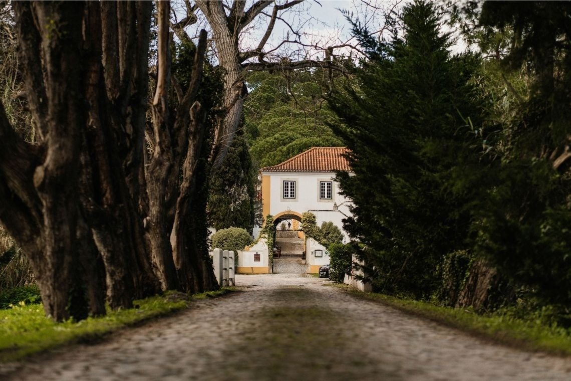 a white house with a red tile roof is surrounded by trees