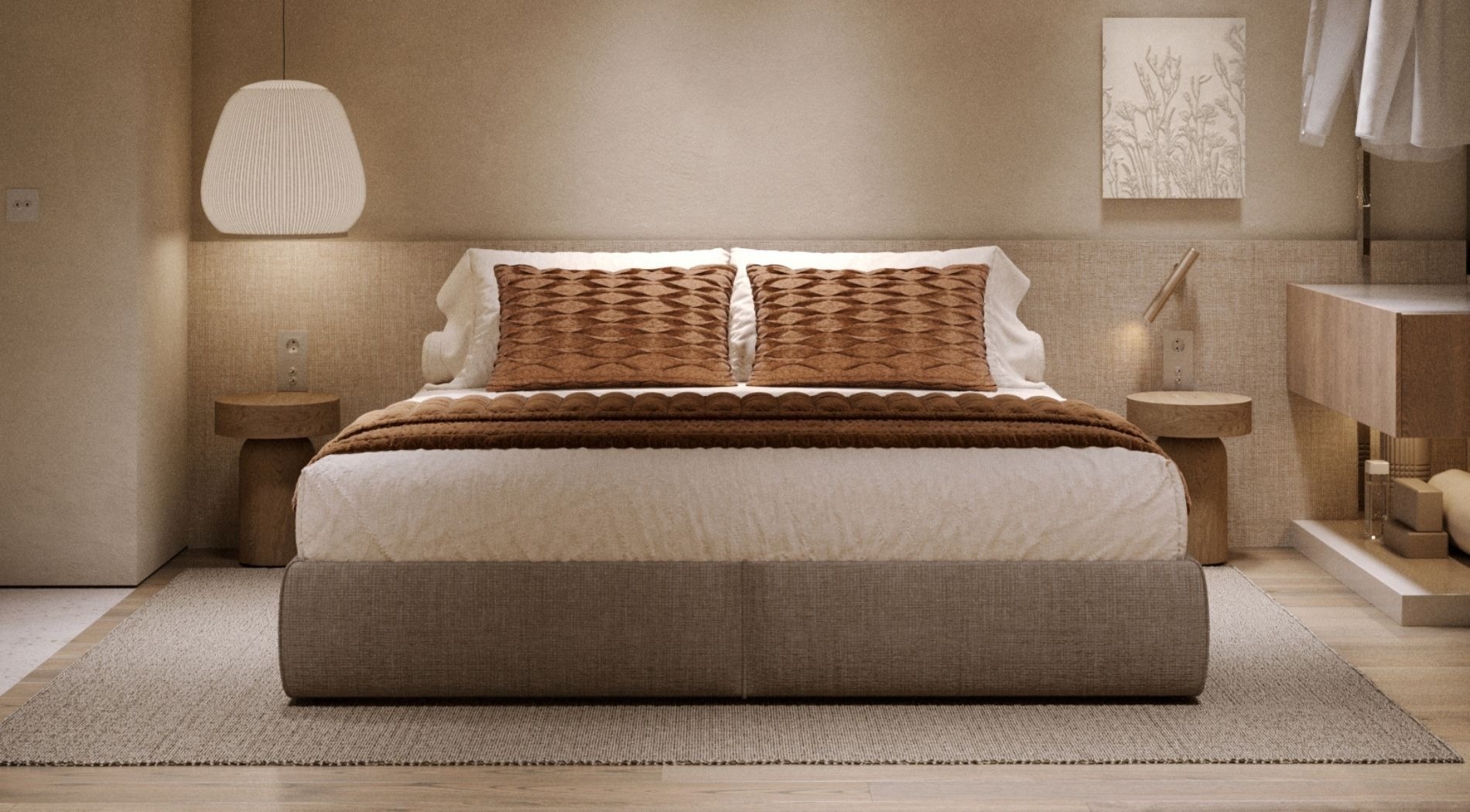 a bedroom with a painting on the wall above the bed