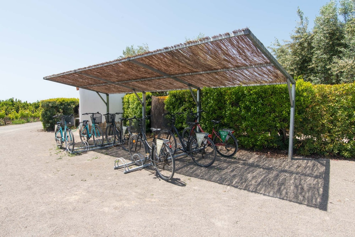 Several bicycles are parked under a rustic, straw-covered shelter on a gravel patch, surrounded by green hedges and trees under a clear sky.
