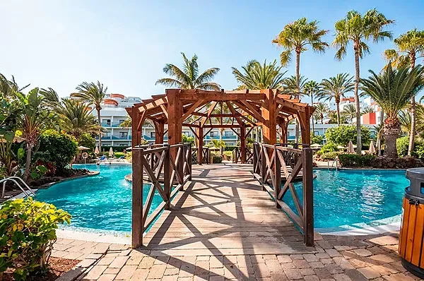 Wooden bridge and pool R2 Hoteles: Corporativa, palm trees, resort.