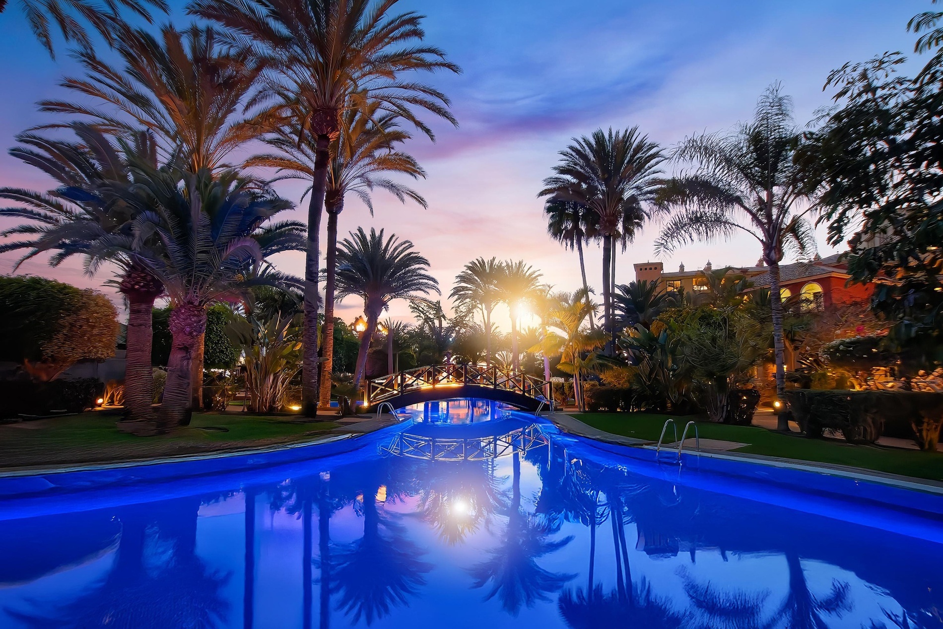 basen otoczony palmami i mostem o zachodzie słońca