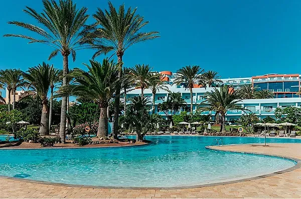 Wooden bridge and pool R2 Hoteles: Corporativa, palm trees, resort.