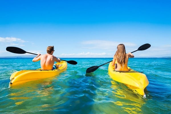 a view of a beach with a mountain in the background