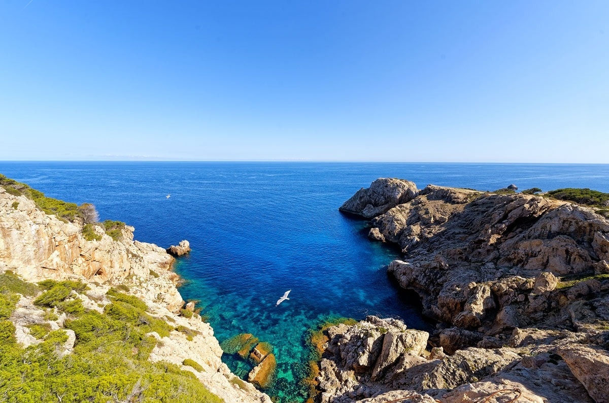 una playa con rocas y agua azul y montañas en el fondo