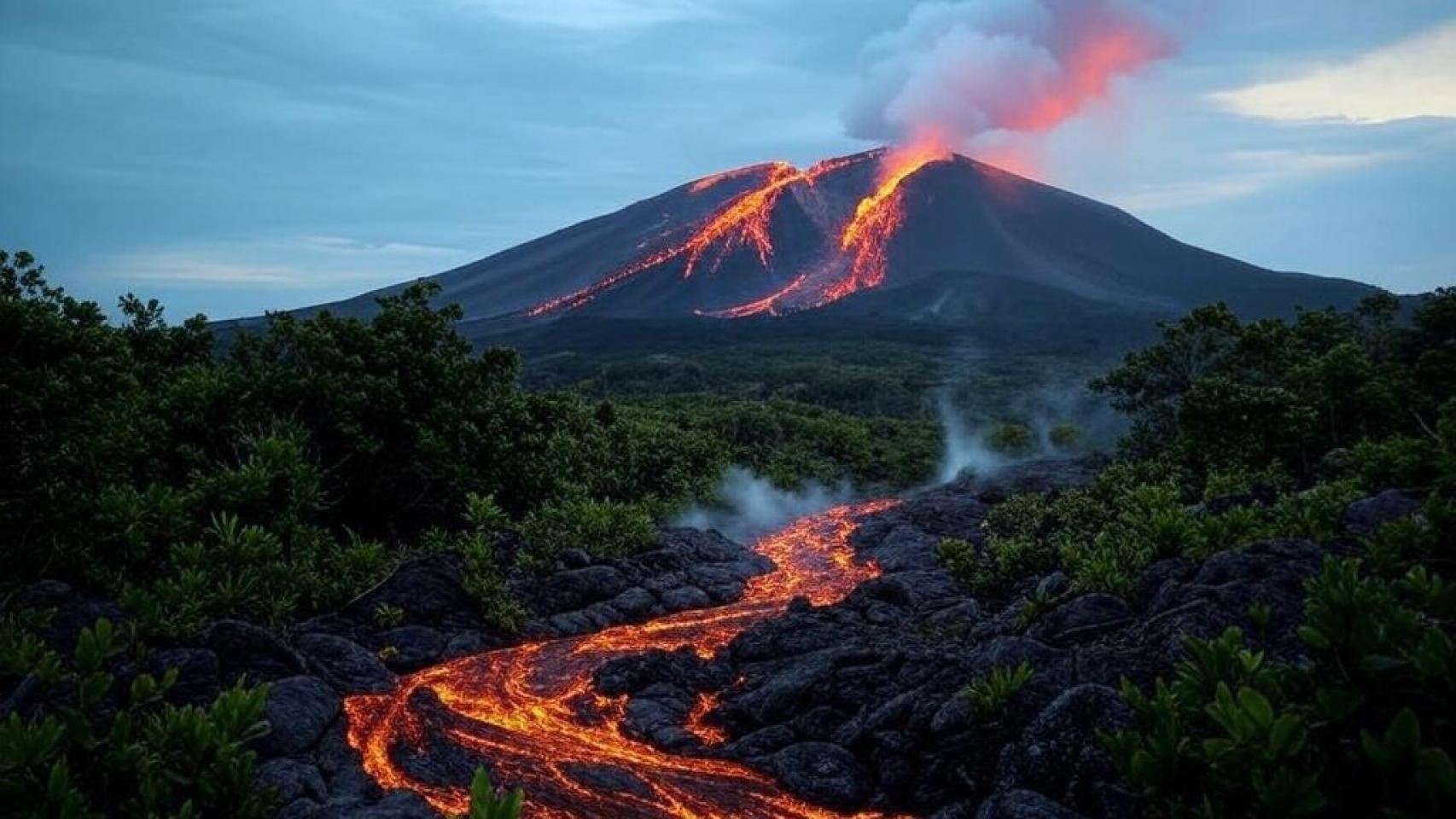 Volcán activo con lava fluyendo, perfecto para tu viaje a Raintree Corpo.