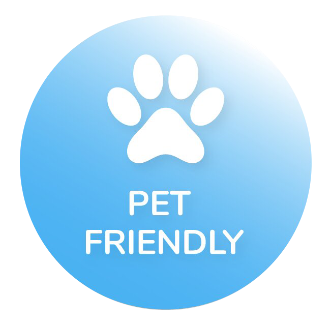 a blue circle with a paw print and the words pet friendly