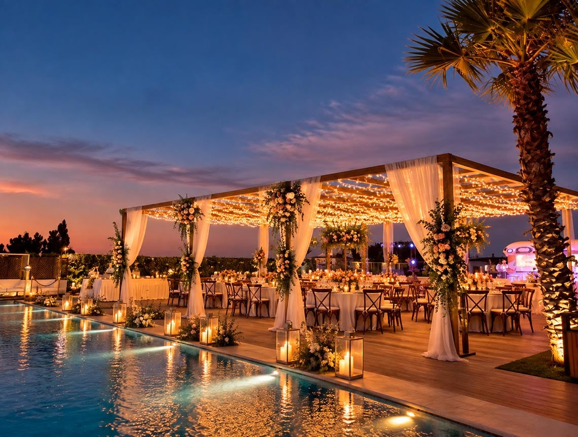 Banquete de casamento junto à piscina com luzes de fada e flores, perfeito para um evento muito especial. Regency Salgados Hotel & Spa