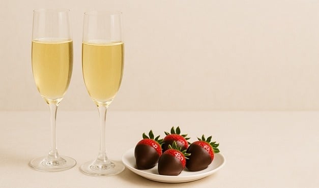 dois copos de champanhe e um prato de morangos cobertos de chocolate