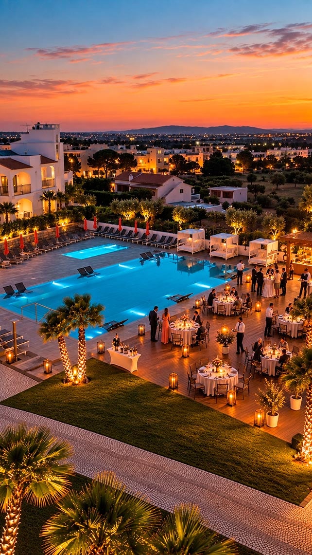 Piscina do Regency Salgados Hotel & Spa ao pôr do sol com mesas de banquete e palmeiras iluminadas