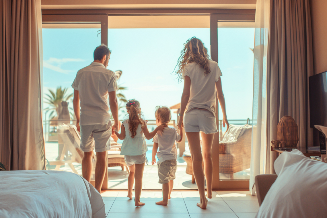 uma família está olhando para o oceano em um hotel