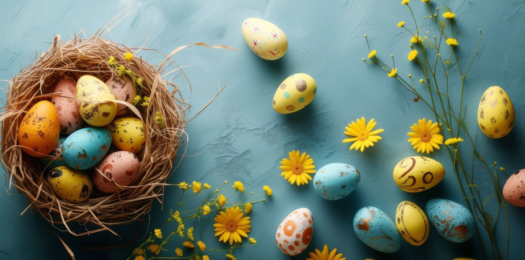 um ninho cheio de ovos de páscoa e flores amarelas