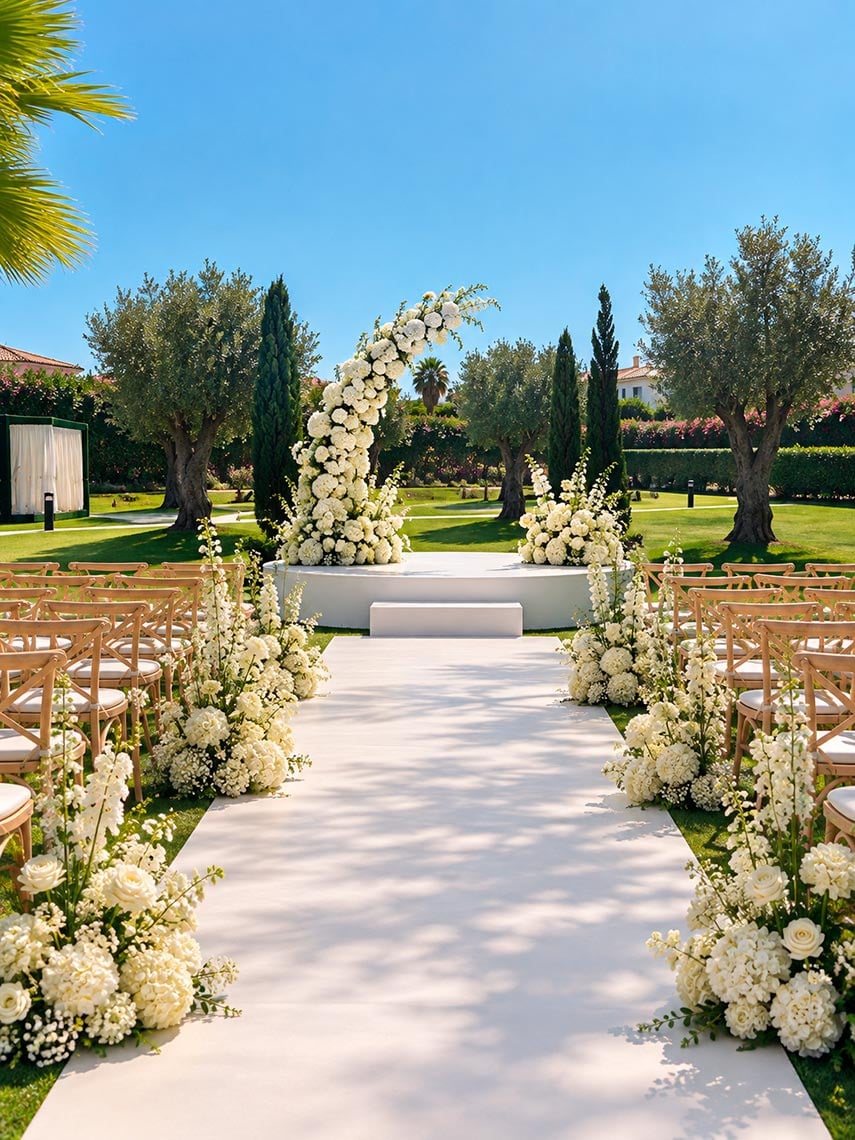 Casamento em jardim de hotel, relvado verde, cadeiras, arco floral e mesas para convidados, ideal para eventos e casamentos. Regency Salgados Hotel & Spa
