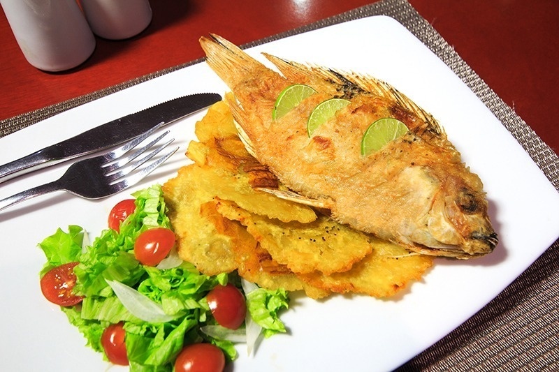 Hotel Ribai: pescado frito con patacones y ensalada fresca.