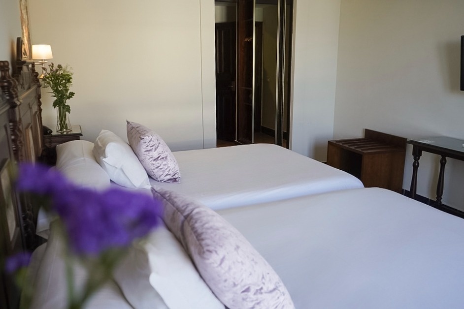 a bedroom with two beds and a purple flower in the foreground