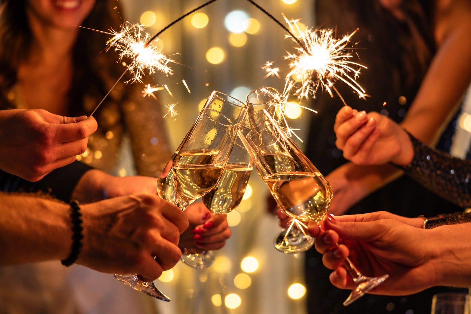 Brindis de fiesta con chispas y copas de champán, perfecto para tu celebración de Hotel Rosaleda de Don Pedro.