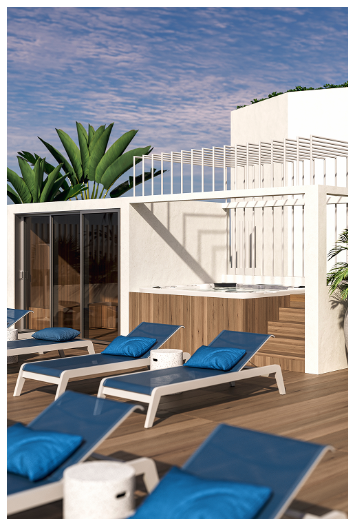 Área de bienestar en una terraza con suelo de madera, que incluye un jacuzzi integrado con revestimiento de madera y una sauna con frontales de vidrio. En primer plano, varias tumbonas azules con cojines están dispuestas para el descanso. El espacio está decorado con plantas tropicales de grandes hojas verdes bajo un cielo al atardecer.