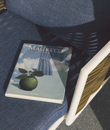 Un libro de arte de Magritte, mostrando una manzana verde y un cielo en su portada, descansa sobre un sillón azul tapizado con sombras diagonales proyectadas sobre él.
