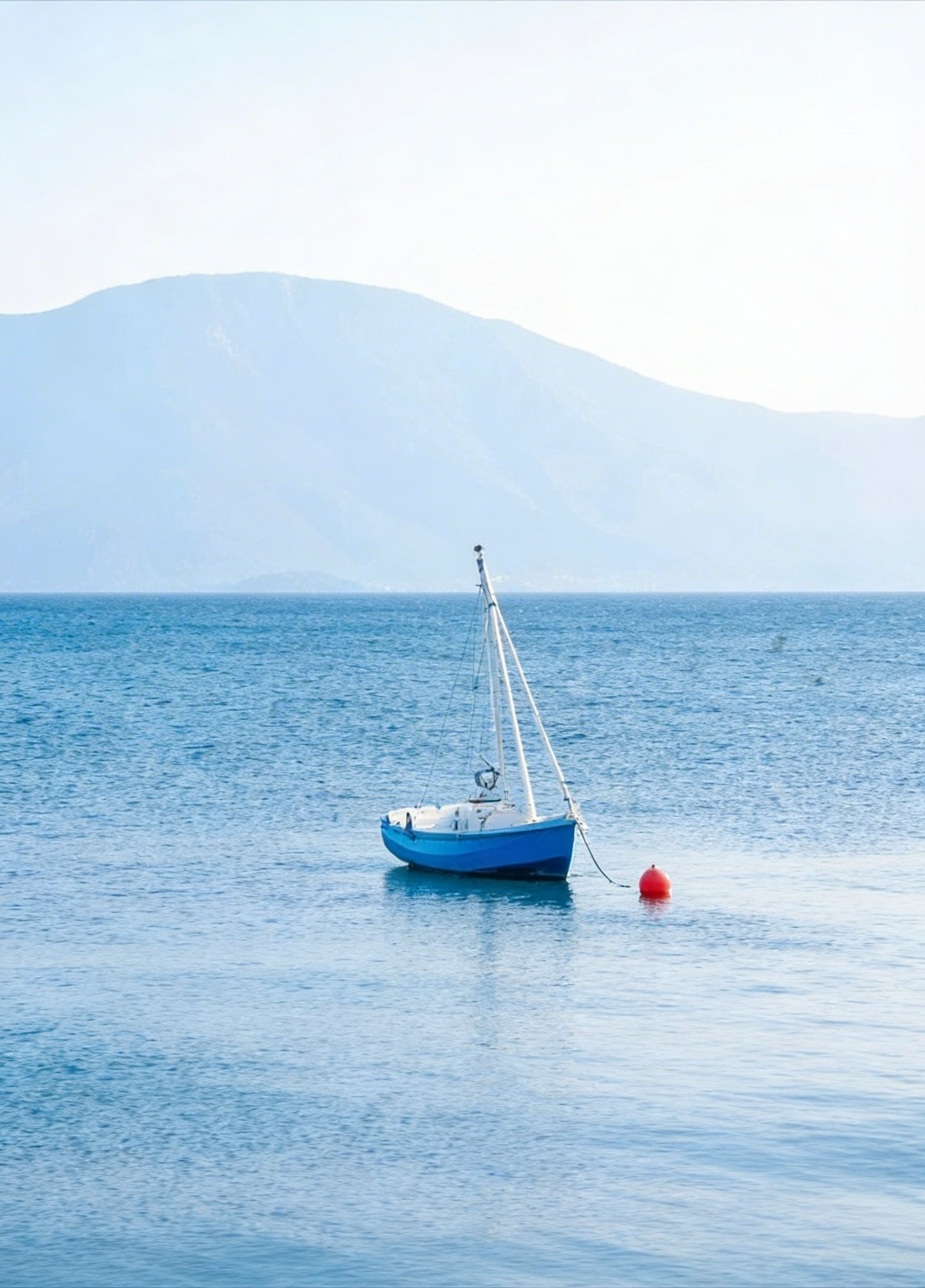 A blue and white sailboat and a red buoy float on calm blue water, with hazy mountains in the distant background.