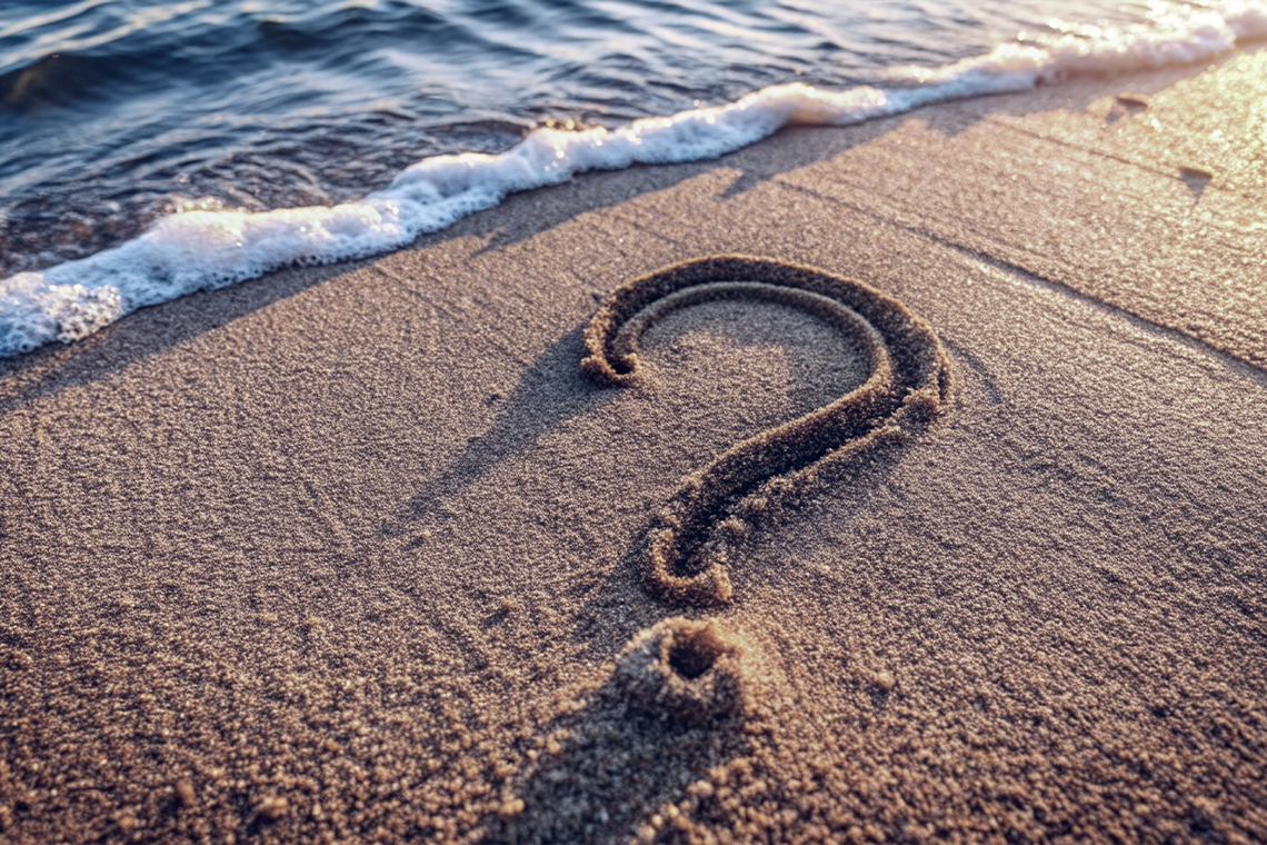 Símbolo de interrogación en la arena al atardecer. ¡Descubre tu escapada de ensueño!