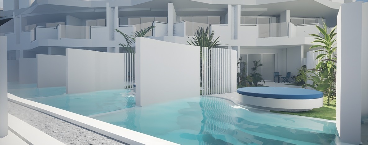 A modern resort complex with white, minimalist architecture is showcased, featuring light blue water features, lush greenery, and outdoor lounging areas.