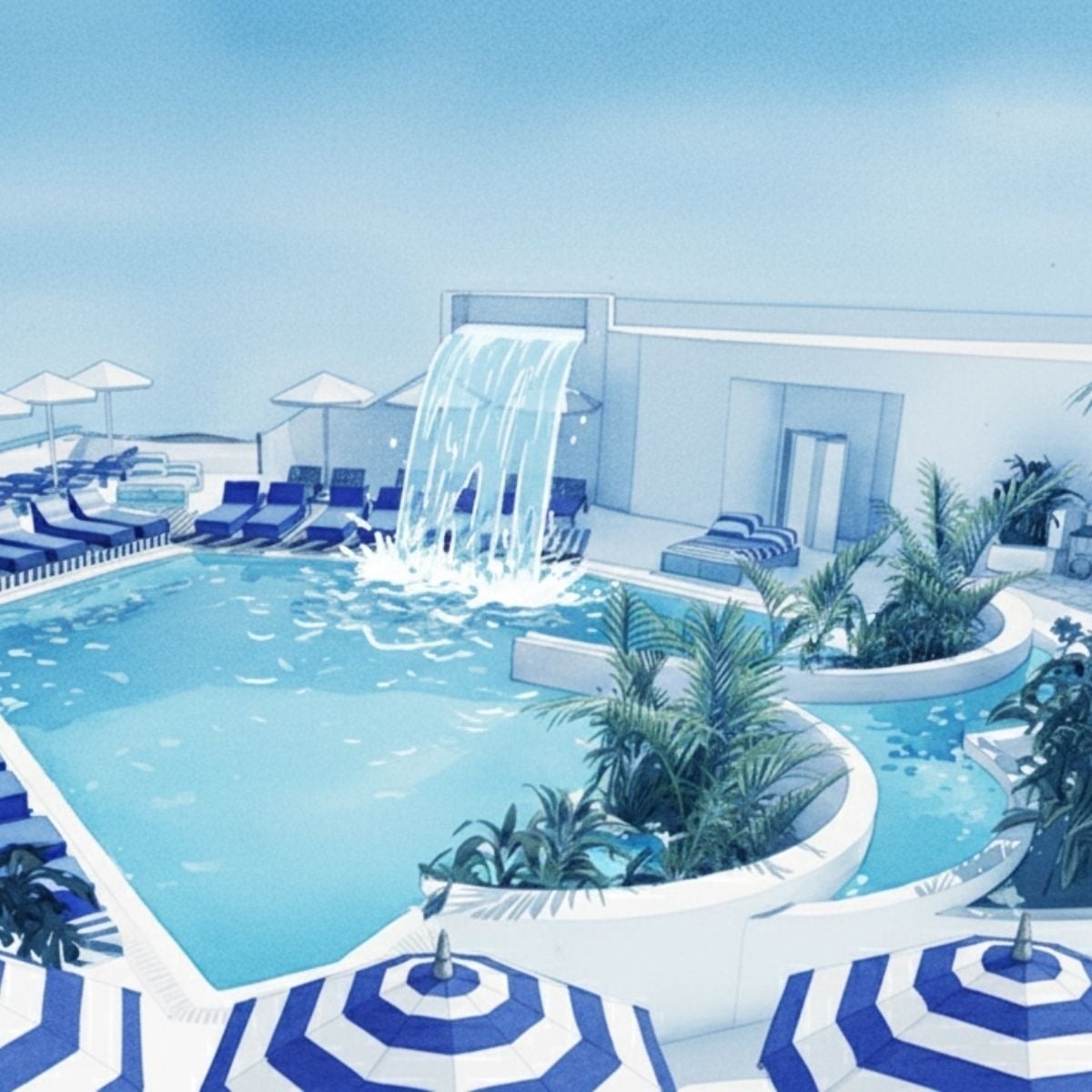 Una terraza moderna con una tumbona azul y una mesa auxiliar, ofrece una vista panorámica del vasto océano bajo un cielo despejado.