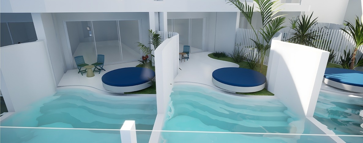 An architectural rendering displays a series of modern private patios, each equipped with a swim-up pool, a circular blue sunbed, and tropical plants, enclosed by white walls.