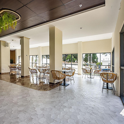 Comedor de hotel moderno con mesas y sillas de mimbre, plantas colgantes y ventanas grandes Dorobe: Hotel San Fermin.