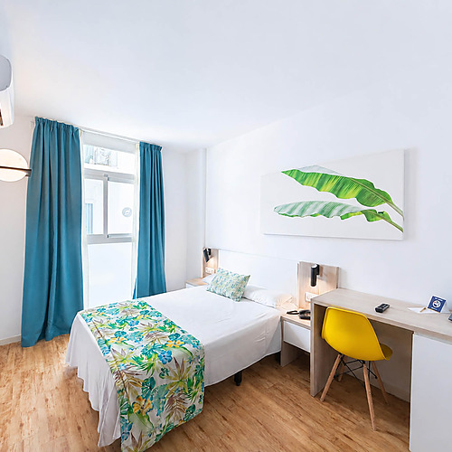 Habitación luminosa con cama cómoda, escritorio y vista tropical: ideal para tu estancia. Dorobe: Hotel San Fermin