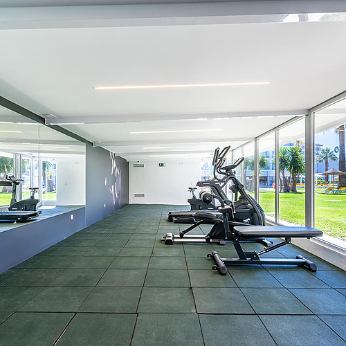 Gimnasio moderno con vista a la piscina y palmeras, ideal para tu Dorobe: Hotel San Fermin.
