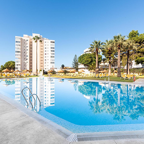 Piscina con tumbonas y palmeras en hotel Dorobe: Hotel San Fermin