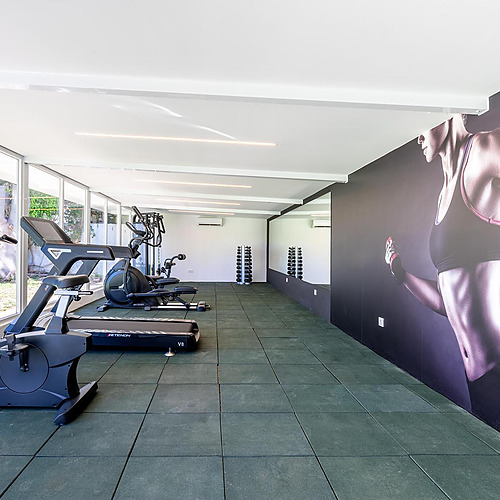 Gimnasio del hotel con máquinas de ejercicio y vista al exterior. Dorobe: Hotel San Fermin