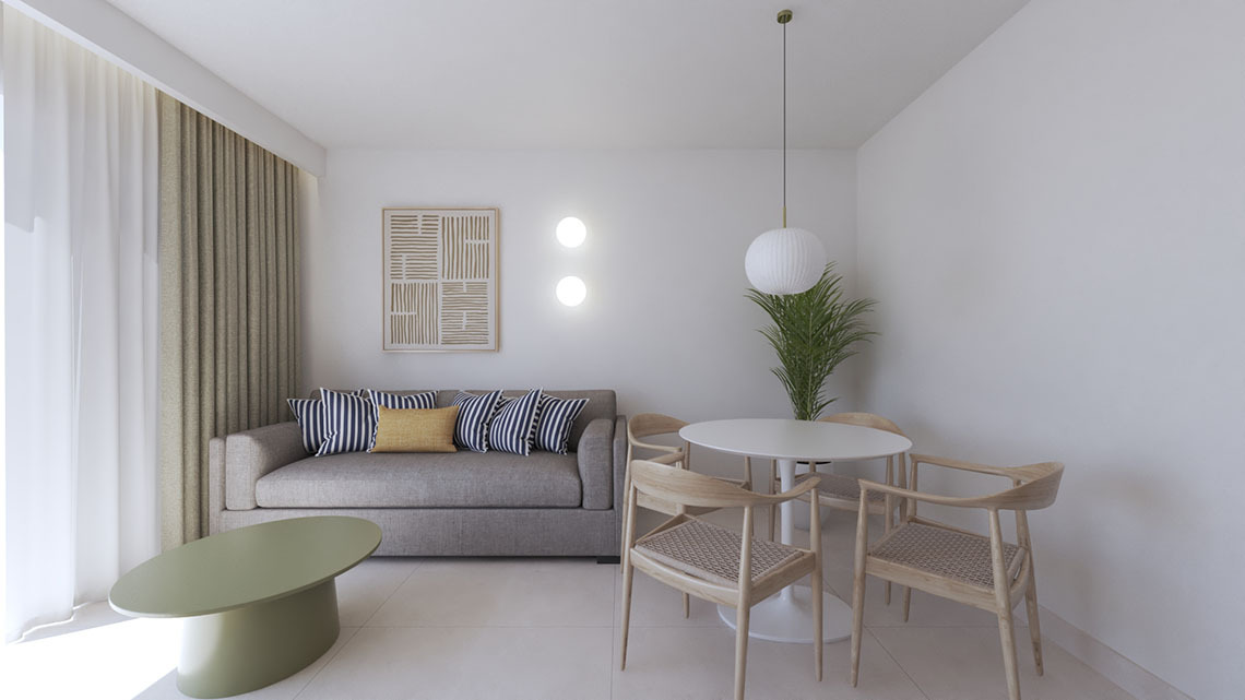 Modern hotel bedroom with geometric headboard, mounted TV, and open bathroom entrance. Sands Beach