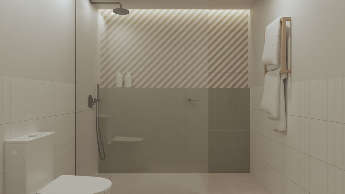 Modern hotel bedroom with geometric headboard, mounted TV, and open bathroom entrance. Sands Beach