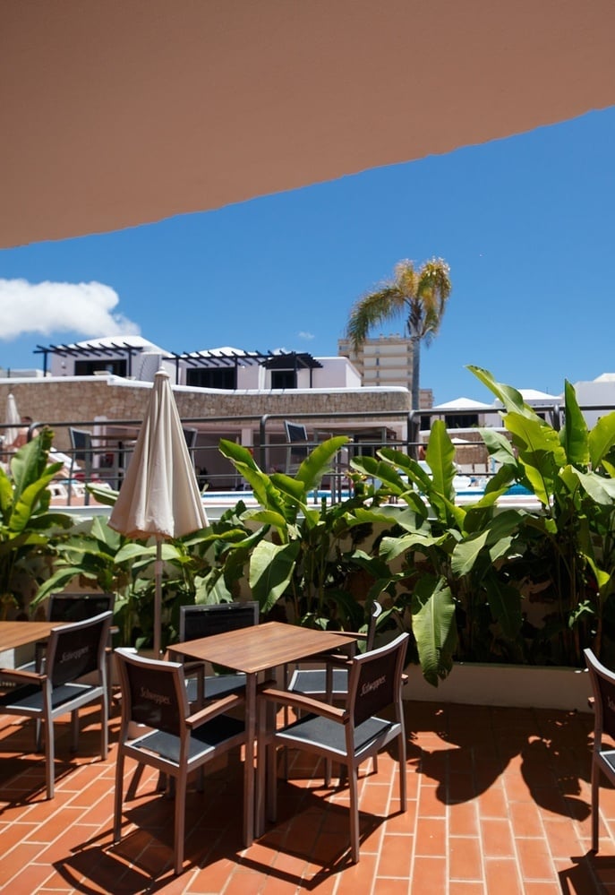 una terraza con mesas y sillas y sombrillas en un día soleado