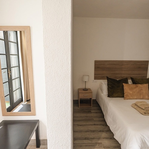 a bedroom with a fan and a mirror and a bed