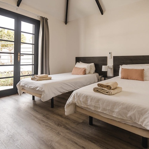 a bedroom with two twin beds and a window