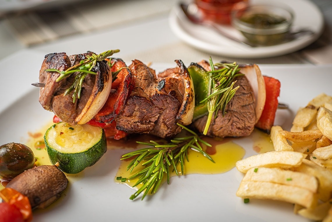 a close up of a plate of food with meat and vegetables