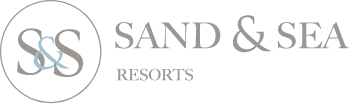 the logo for sand and sea resorts is white on a black background