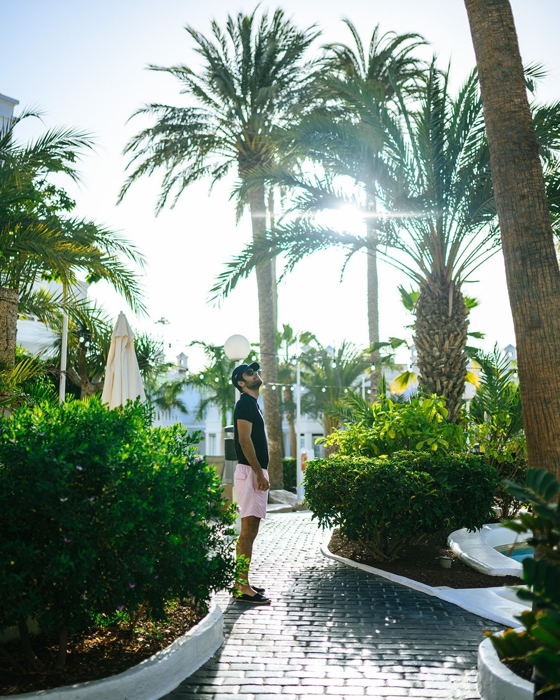 a man in a black shirt and pink shorts stands in a tropical garden